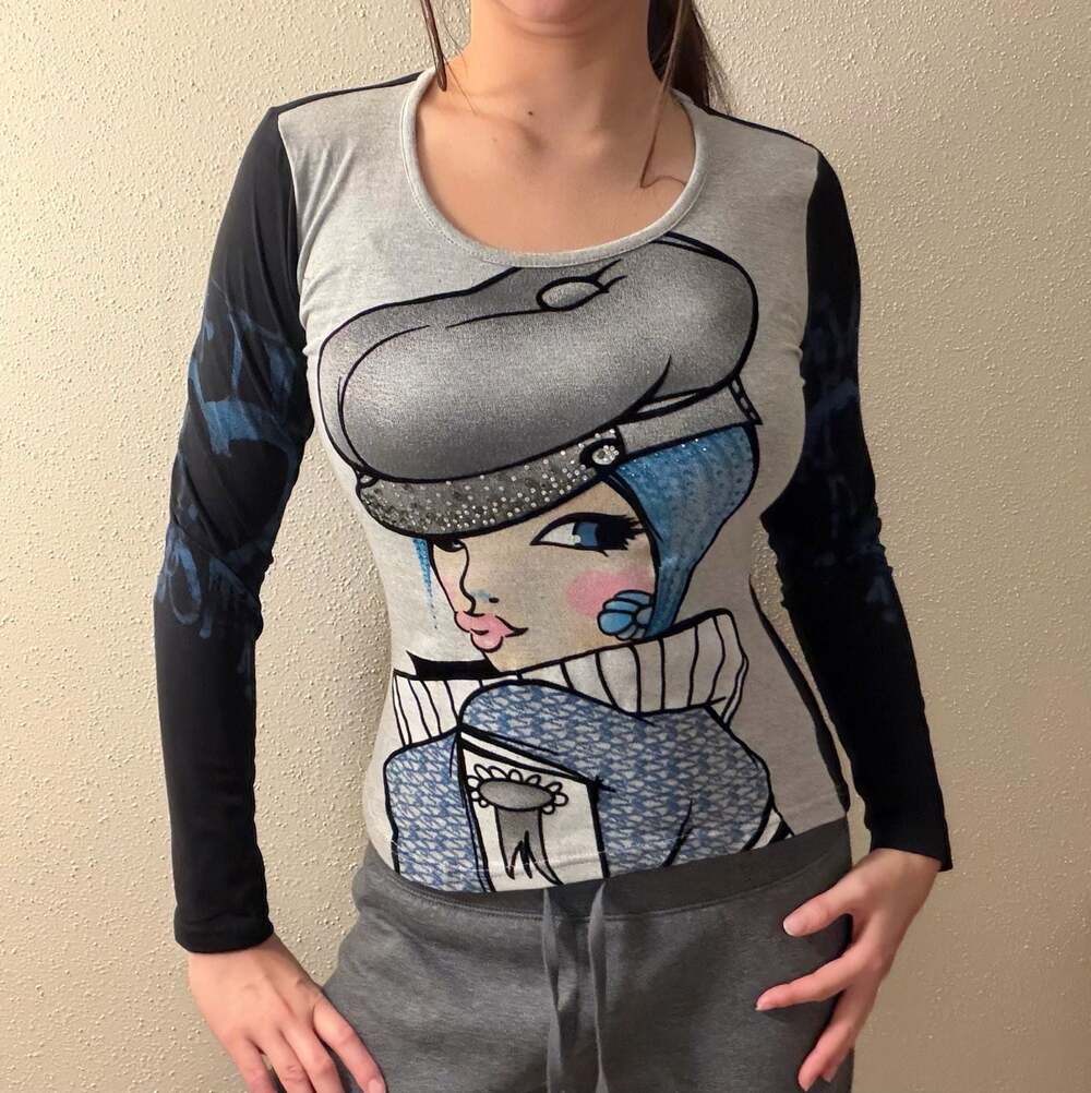 Custo Barcelona Y2K Graphic Long Sleeve Shirt with Rhinestones